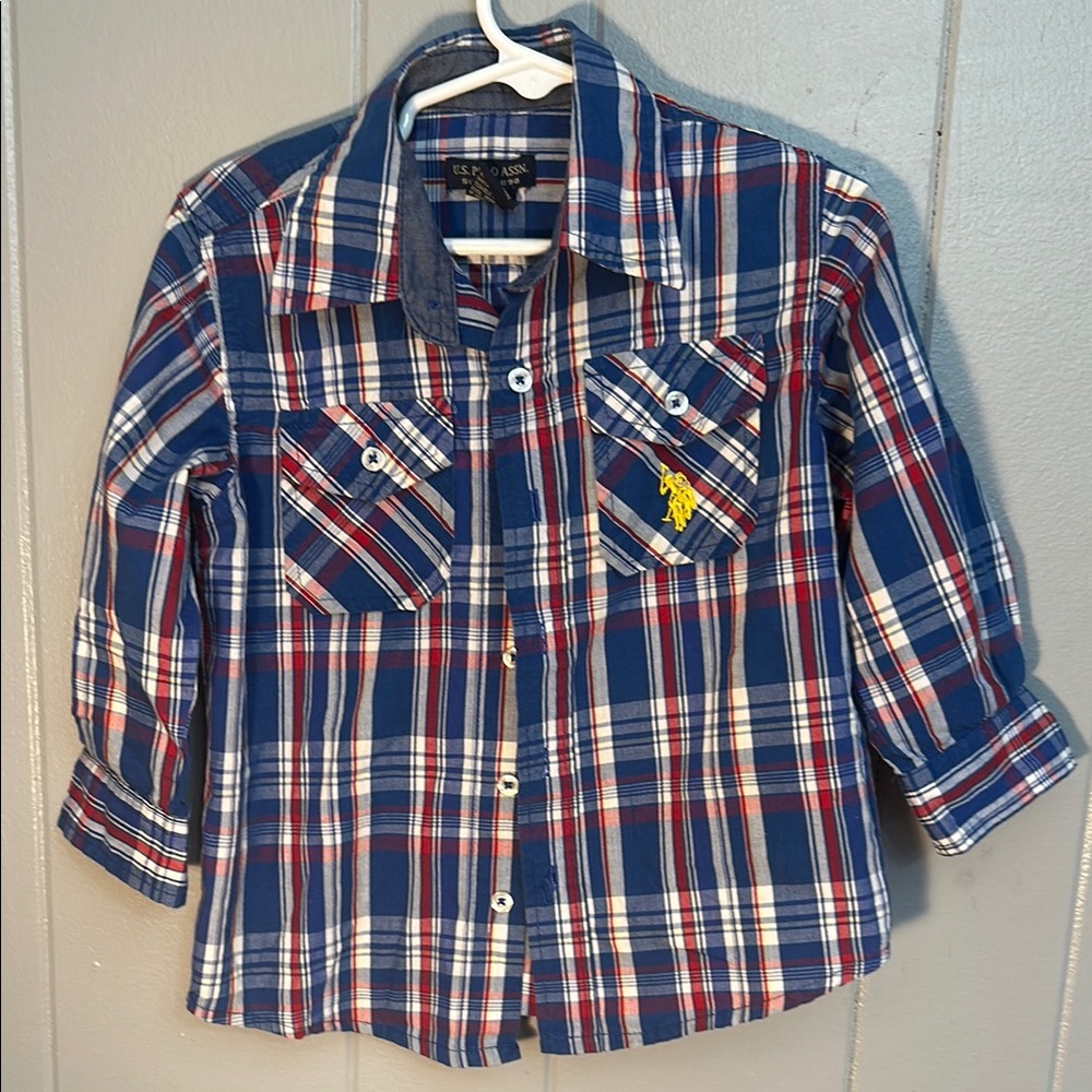 US Polo ASSN Blue and Red Plaid Button Down Shirt size 3T boys